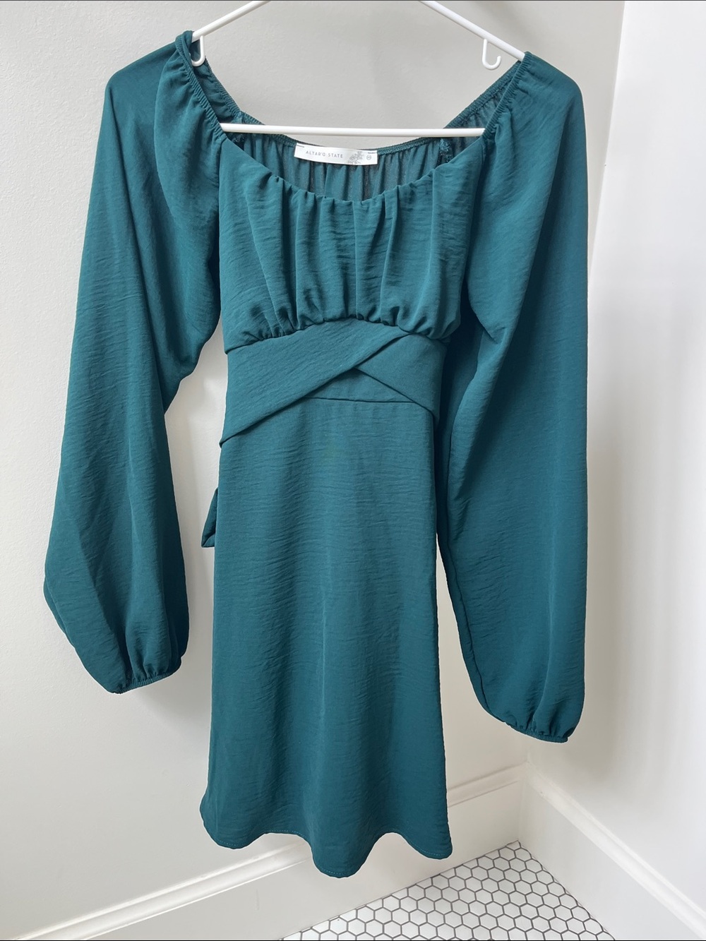 Altar’d State Dark Green Long-Sleeve Waist-Tie Mini Dress